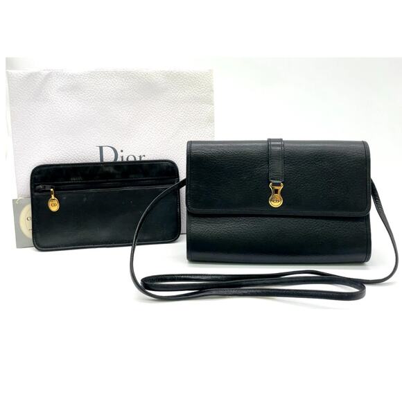 Christian Dior CD Logo Black Leather Shoulder Crossbody Bag and Pouch W/Bag - Picture 1 of 16